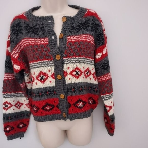 Vintage InDesign 80s 90s Striped Boxy Oversize Chiristmas Cardigan Sweater Large - Picture 8 of 11